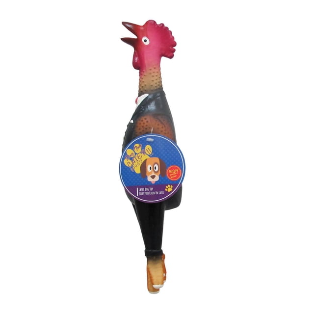 Latex Chicken Dog Toy shaped as a standing chicken with a red comb, brown and black body, and orange feet, featuring a blue label with a cartoon dog face. Made of natural latex, squeaks when squeezed, suitable as a dog chew toy for light chewers and often used to encourage playful chewing.