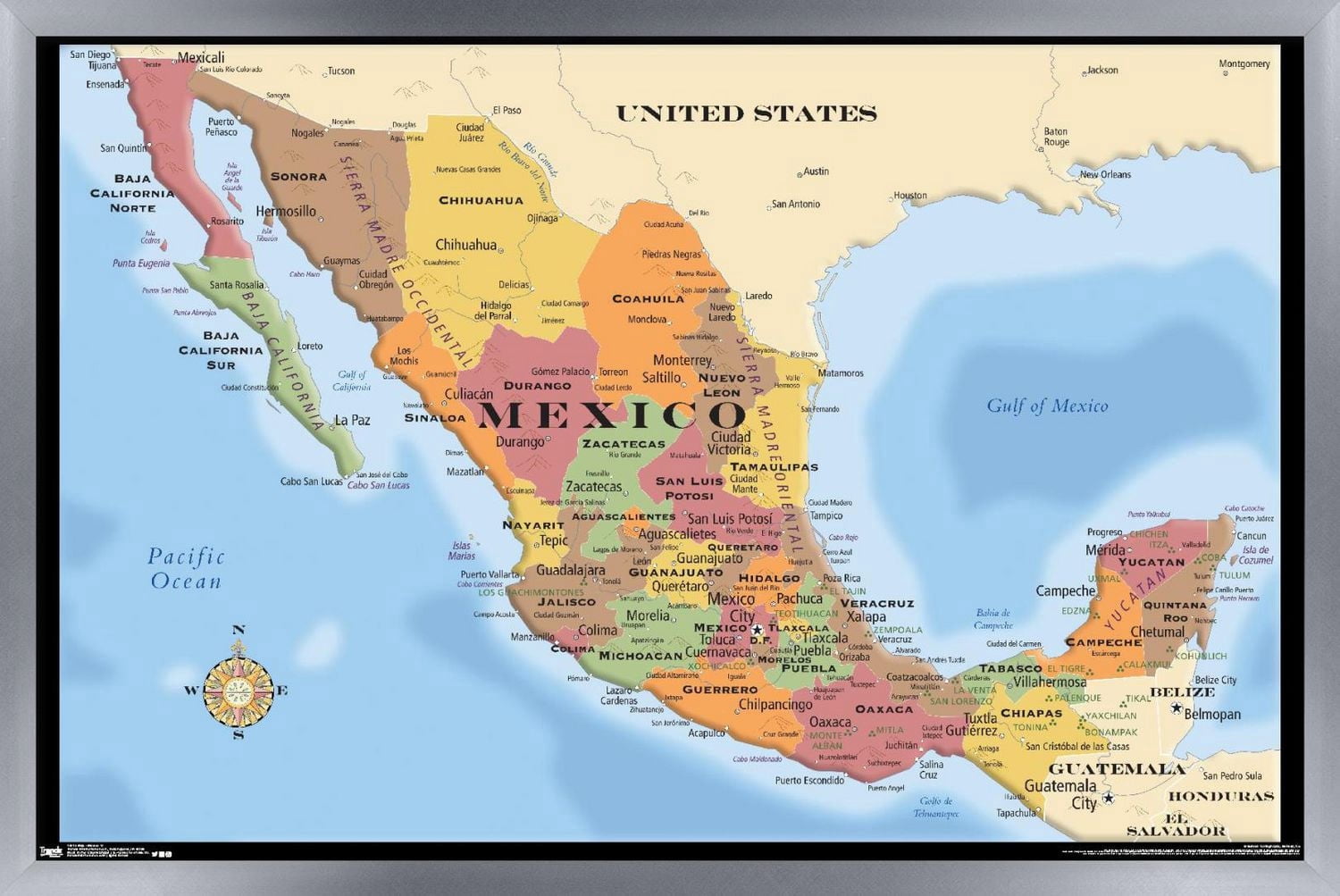 Map - Mexico Wall Poster, 22.375" x 34" Framed