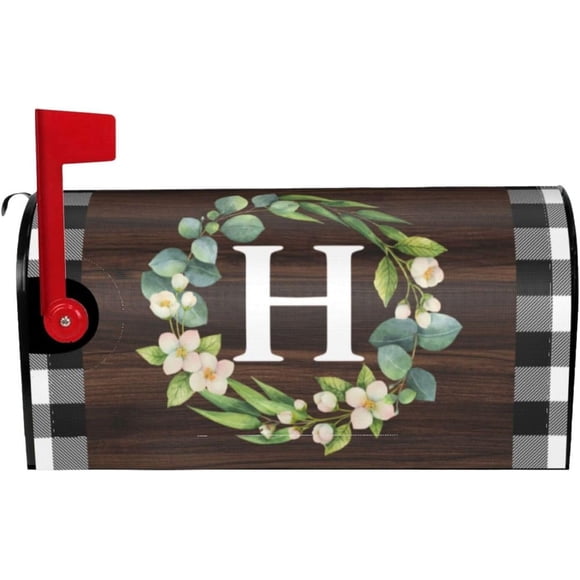 Wreath Monogram Letter H Mailbox Covers, Buffalo Plaid Outdoor Magnetic Mailbox Cover, 25.5 x 21 in Mail Box Covers for Yard Garden Decor