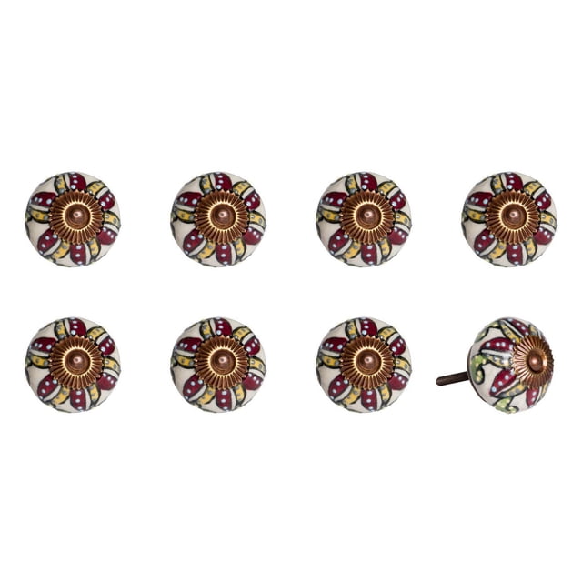 KNOB-IT vintage handpainted ceramic knobs 8 pack with round floral-patterned knobs in red, yellow, and white, bronze metal center, 1.5 inch diameter, 1.25 inch bolts trimmed to size, ideal for cabinets, drawers, and cupboards, shown in two rows on a white background.