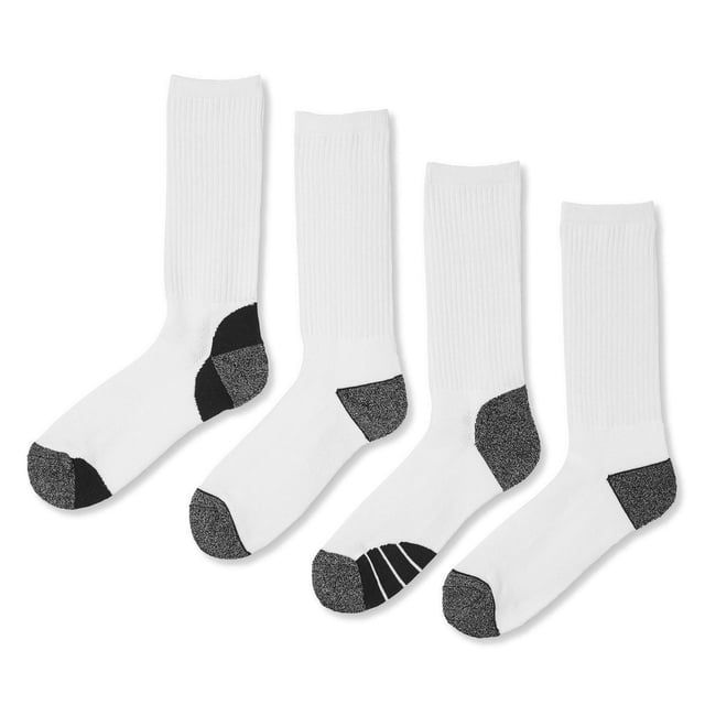 Athletic Works Men's Sports Crew Socks 4-Pack in white stretch rib knit fabric with black contrast toes and heels, crew length with ribbed cuffs, fits shoe sizes 7-11, displayed flat on a white background, suitable for sports and casual wear.