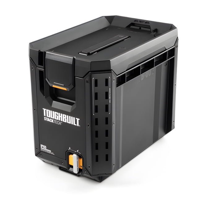ToughBuilt StackTech Compact Tool Box Lockable Organizer with Removable Tray, designed in black with high-performance polymer construction. It features a self-aligning top for modular stacking, an auto-locking mechanism, and a slide switch for secure transport. Includes a center latch for one-handed access, an inner tray, and five dividers for customizable organization. Built with IP65-rated dust and water protection, steel-reinforced corners, and accessory rails for quick-release customization. Dimensions are 16 x 10.4 x 13.5 inches, weighing 11.13 pounds.
