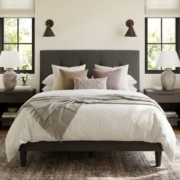 Dora Platform Bed Frame King Size, Upholstered Tufted Bed, Wood Slat Support, No Box Spring Needed, Metal Bed Frame with High Headboard, Easy Assembly