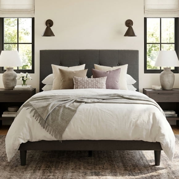 Aykah Dora Upholstered Queen Platform Bed Frame with Tufted Headboard and Wood Slats, No Box Spring Needed