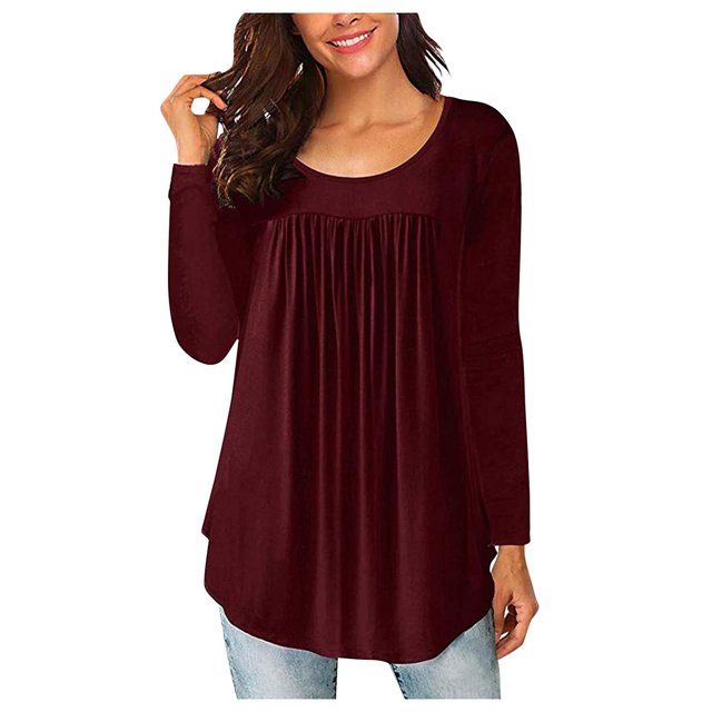 Pompotops Femmes Casual Couleur Unie Manches Longues Col Rond Basique Confortable Tunique T-Shirts