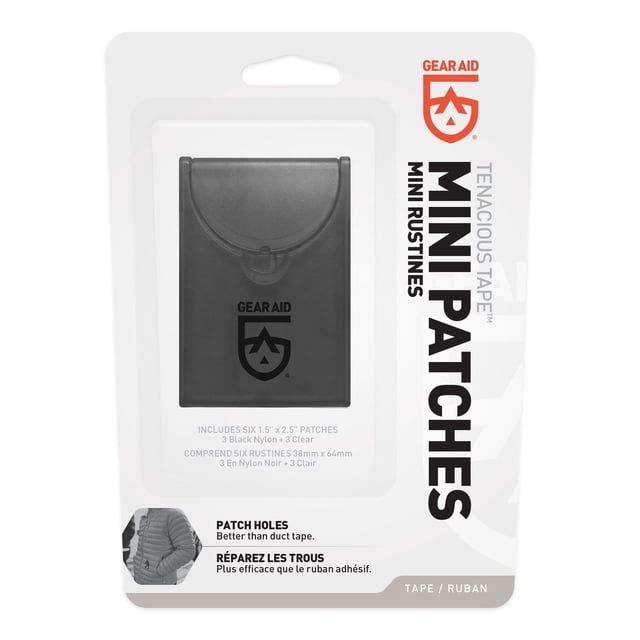 Gear Aid Tenacious Tape Mini Repair Patches in black, designed for quick and durable repairs on outdoor gear such as down jackets, tents, and rain gear. Includes six waterproof, peel-and-stick nylon patches in a compact pocket pack. The packaging highlights the Gear Aid logo and bilingual product details.