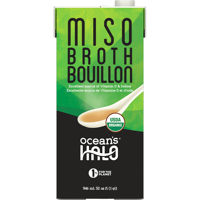 Ocean's Halo Broth Miso Biologique et Végétalien 32 fl oz carton avec Motif Vert et Noir, Grand Texte « Bouillon de Broth Miso », Cuillère Blanche avec Broth Brun Pâle, Sceau Biologique USDA, et 1 % pour le logo de la Planète, Excellente source de Vitamine D et d'Iode, Idéal pour les Recettes de Broth à Base de Plantes et de Varech.