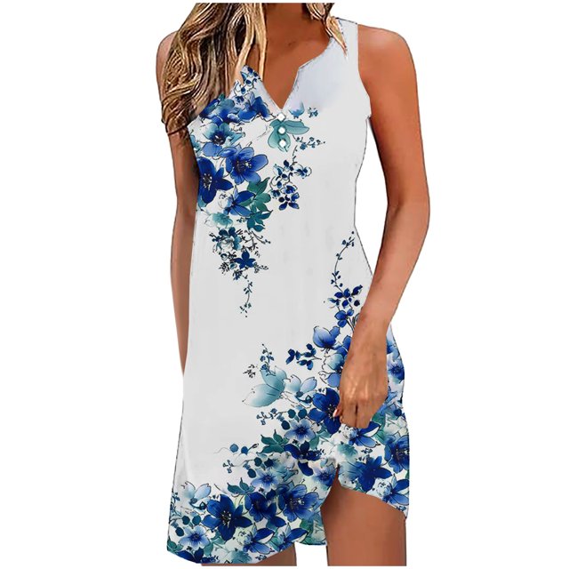 UPPADA Robes d'Été de Plage pour Femmes Vacances Sortie de Plage Robe Midi Boutonnée Sans Manches Bohème à Fleurs Robe d'Été Col en V Coupe Ample Commandes Précédentes Passées Multicolore,TG