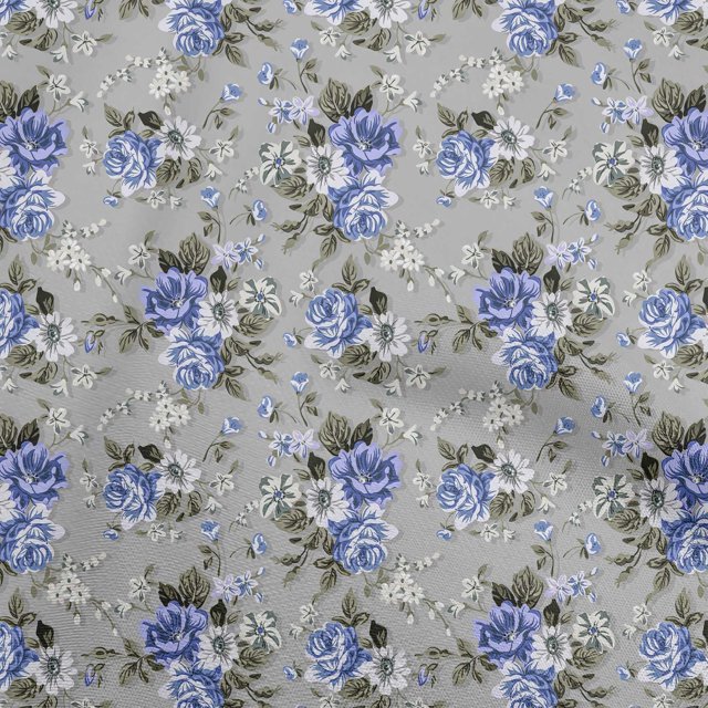 oneOone Tissu Polyester Spandex Bleu Moyen Floral Rétro Matériel de Couture Imprimé Tissu au Mètre 56 Pouces de Large
