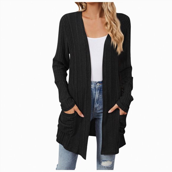 Splozh Cute Sweaters Women Fall and Winter Casual Long Sleeve Cardigan Mid Length Solid Color Knitted Cardigan with Pockets Black,M
