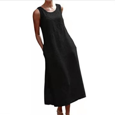 Cotton Tank Top Women Womens Spring/Summer Sleeveless Casual Tank Top Dress Solid Pocket Round Neck Pleated Cotton Linen Dress Sexy Tank Tops for Women Linen Tank Tops for Women
