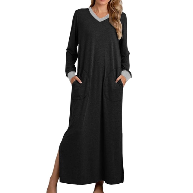 AherBiu Pyjamas pour Femmes à Manches Longues, Chemises de Nuit à Col en V Fendu, Vêtements de Nuit Confortables, Robes Longues avec Poches