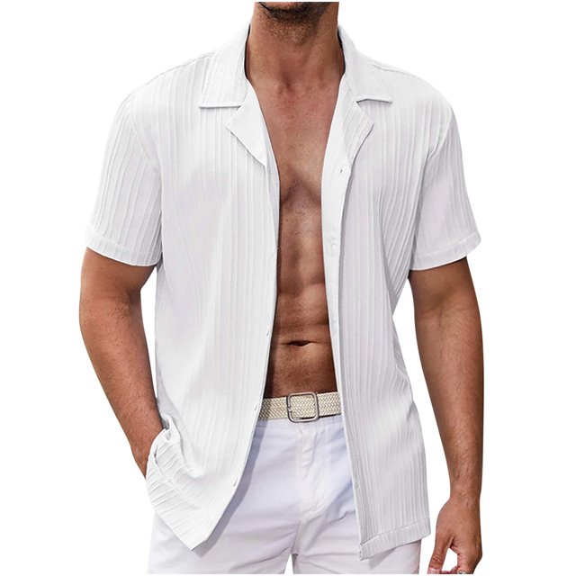 EOYWHK Mens Cotton Linen Shirts Short Sleeve Summer Ribbed Knit Button Down Cardigan Solid Color Collared Lapel Office Blouse Workwear Beachwear