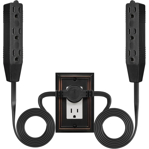3 Prong Twin Power Strip, 12Ft Ultra Thin Flat Extension Cord with Slim Flat Plug, 6Ft on Each Side, 6 Outlets, Double Extension Cord Splitter, Indoor Use, ETL Listed, Black