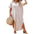 thumbnail image 1 of Femmes Maillot de Bain Couvrir Robe Manches Courtes Côté Divisé Bouton vers le Bas Longue Chemise Robe Cardigan Maxi Plage Robe Bleu, 1 of 4
