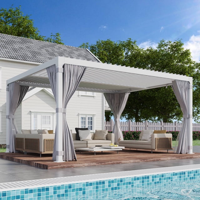 Hommow Pergola à Persiennes 10x12, Pergola d'Extérieur en Aluminium avec Toit à Persiennes Réglables, Filets Imperméables Inclus, Blanc