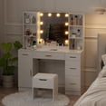 thumbnail image 4 of Bingirl Vanity Desk with Mirror and LED Lights, Makeup Vanity with Power Outlet, 3 Colors Light, Makeup Table with 5 Drawers & Open Shelves for Bedroom, 4 of 7