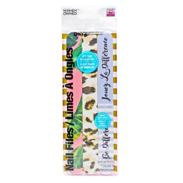 Onyx Professional 3PK 7" Nail Files featuring three salon-quality, portable nail files with colorful patterns: green and pink floral, leopard print, and light blue with 'Jouer La Difference' script, designed for shaping, buffing, and styling nails.