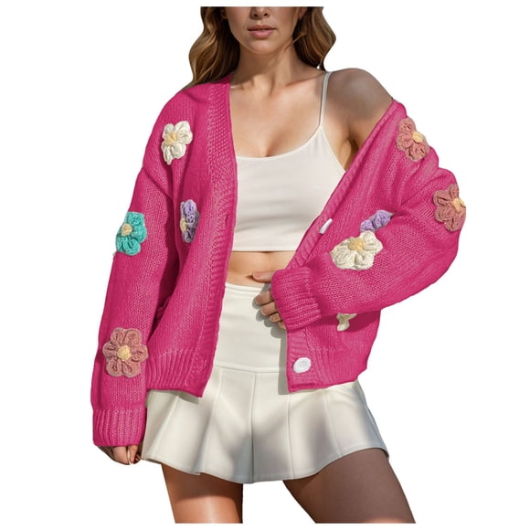 Kogui Womens Cardigans Lightweight Long Sleeve Cable Knit Long Cardigan for Women 2025 Fall Winter Chunky Open Front Button Sweaters with Pockets (Hot Pink,L)