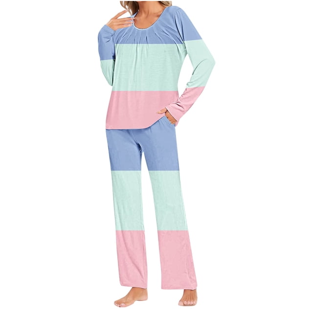 Yuyuzo Womens Pajama Sets 2 Piece Color Block Long Sleeve Crew Neck Tops Lounge Pants with Pockets