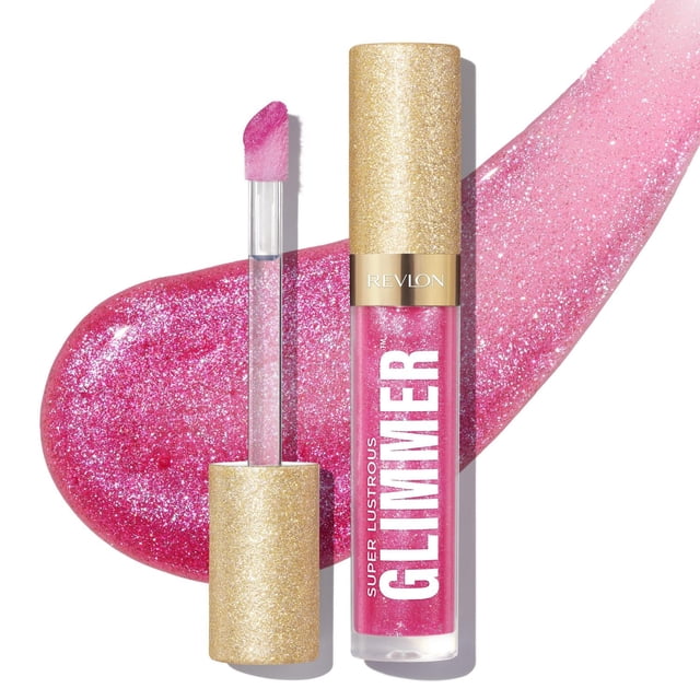 Super Lustrous Glimmer™ Gloss, High Shine Lip Gloss in clear tube with gold glitter cap and applicator wand, showing bright pink gloss with plant-based glitter and shimmer swatched behind. Features a lightweight, non-sticky formula with hydration boost and botanical complex of agave, moringa, and cupuacu butter.