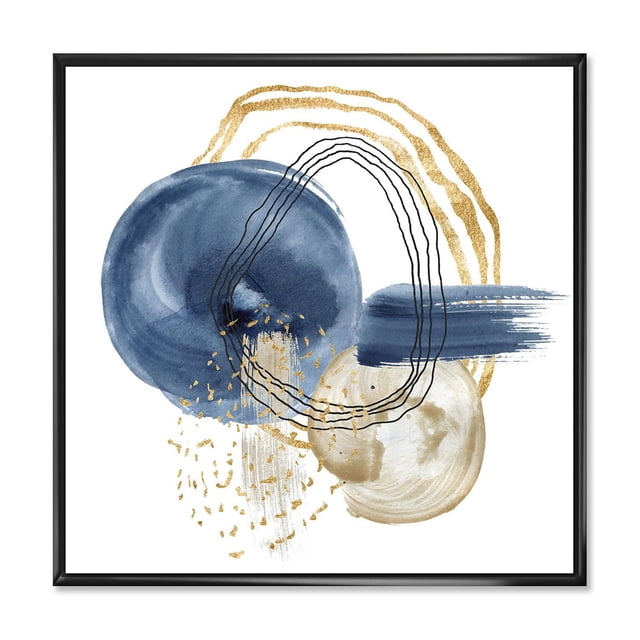 Designart Abstract Dark Blue Gold & Black Underwater Life FLOAT FRAME WALL ART with abstract dark blue and beige circular brush strokes accented by gold and black lines on white canvas, gallery-wrapped and stretched on a black floating frame, ready to hang and ideal for contemporary wall décor.