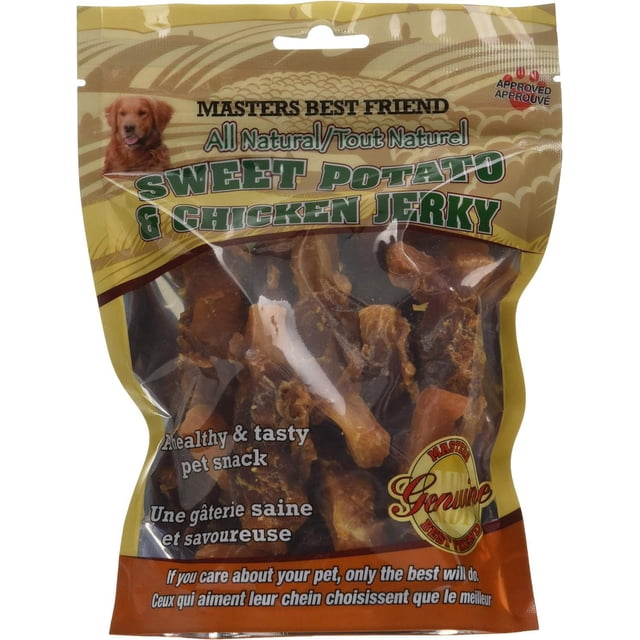 Masters Best Friend Chicken Wrapped in Sweet Potato dog chews in a resealable yellow and brown bag with a golden retriever image, featuring all natural sweet potato and chicken jerky treats that support dental care and provide a healthy, tasty snack for dogs.