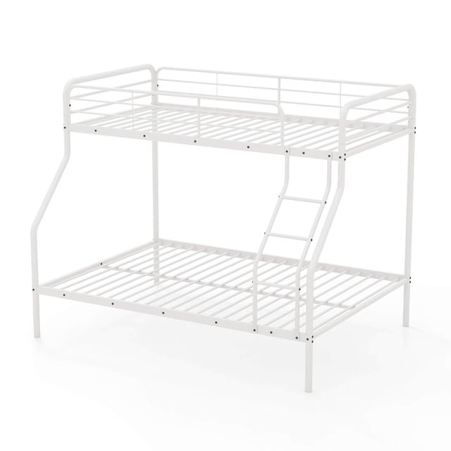 Costway Twin over Full Metal Bunk Bed in white, featuring a durable metal frame with slat support, an inclined ladder, and full-length guardrails for safety. This space-saving bunk bed offers a twin-over-full configuration, ideal for children's rooms, dorms, or guest spaces. Includes 11.5 inches of clearance underneath for storage or cleaning access and a noise-free bar system for undisturbed sleep.