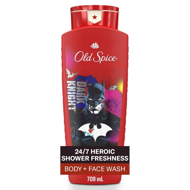 Old Spice Cleansing Body Wash for Men, 24/7 Shower Fresh with Lasting Scent, 2 in 1 Body and Face Wash in a 709 mL red bottle featuring Batman graphics, formulated with rich lather and Black Cherry and Nightfall scent for all-day freshness.