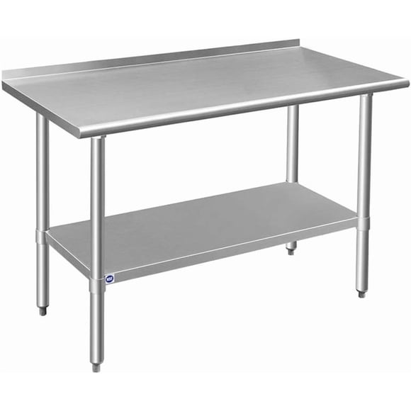 Senfot Double Layer Stainless Steel Workbench 24 x 24 x 35 Inch, Stationary Garage Work Table No Wheels with Rear Back Panel