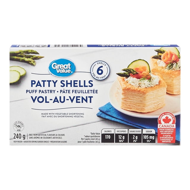 Great Value Patty Shells Puff Pastry box featuring six golden, flaky pre-formed shells made with vegetable shortening and free from artificial flavours and colours, shown filled with cream cheese, smoked salmon, asparagus, and cucumber on a white plate with a blue napkin, ideal for savoury or sweet frozen breakfast pastries.
