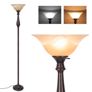 Lampe sur Pied de Salon, Lampe sur Pied avec Abat-Jour en Verre, Lampadaire en Fer Nickel Brossé
