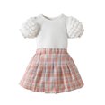 thumbnail image 1 of Honganda 1-6Y Toddler Girl Summer 2Pcs Outfit Solid Ribbed Bubble Short Sleeve Tops with Plaid Print A-Line Skirt Set, 1 of 9