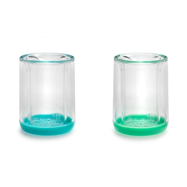 Double-Walled Bear Cups with two clear, double-walled toddler drinking glasses featuring a suspended bear shape inside, one with a teal base and the other with a green base, each holding 4.9 fluid ounces, BPA free and dishwasher safe, suitable for babies and kids.