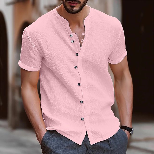 TIMIFIS Mens Short Sleeve Top Cotton Linen T Shirts Beach Solid Short Sleeve Shirts V-neck Button Closure Tops Blouse - Spring/Summer