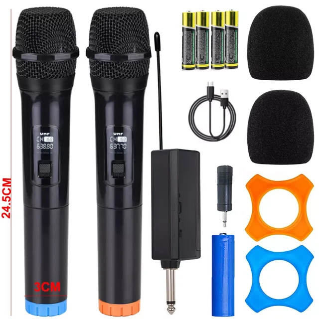Wireless Microphones for Professional Microphone System, ideal for DJ equipment and electronic music setups. Includes two black high-sensitivity microphones with digital displays, a compact Bluetooth receiver, foam windshields, rechargeable batteries, USB charging cable, and coloured microphone rings. Features plug-and-play design and anti-interference technology for reliable performance.
