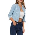 thumbnail image 4 of INSPIRE CHIC Veste Courte en Denim pour Femme à Col Rond Manches 3/4 Veste en Jean Décontractée Effilochée Bleu Pâle TP, 4 of 5