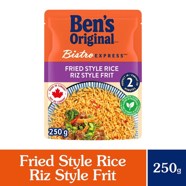 BEN'S ORIGINAL BISTRO EXPRESS Fried Rice Side Dish 250g pouch with orange and purple packaging showing a bowl of fried style long grain rice with vegetables and beef, made in Canada, microwaveable in 2 minutes, contains no artificial colours or preservatives, suitable for quick and easy rice side dishes.