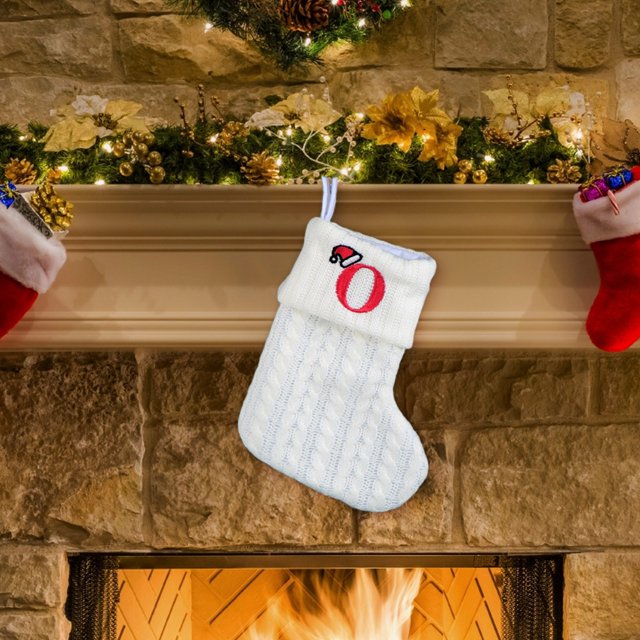 Fridja 8 Inch Mini Initial Christmas Stocking Monogram Embroidered Christmas Stocking White Knitted Small Christmas Stocking Decorations for Fireplace Mantle Christmas Wall