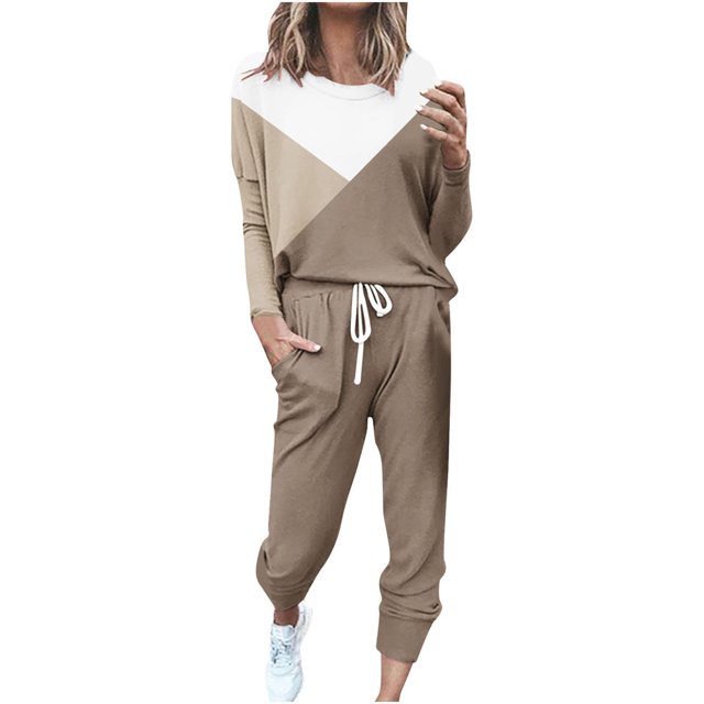 CHOK Womens Sport Set Long Sleeve Patchwork Color with Loose Cozy Petite Sweatpant Trendy Fall Winter Suits (X-Large Pink)