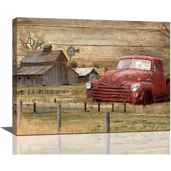 Farmhouse Truck Wall Art Rustic Old Barn Windmill Picture Decor Country Red Painting Canvas Prints Modern Framed Home for Bathroom Bedroom Living Room Kitchen 16/''''x12/'''', 12/''''x16/''''