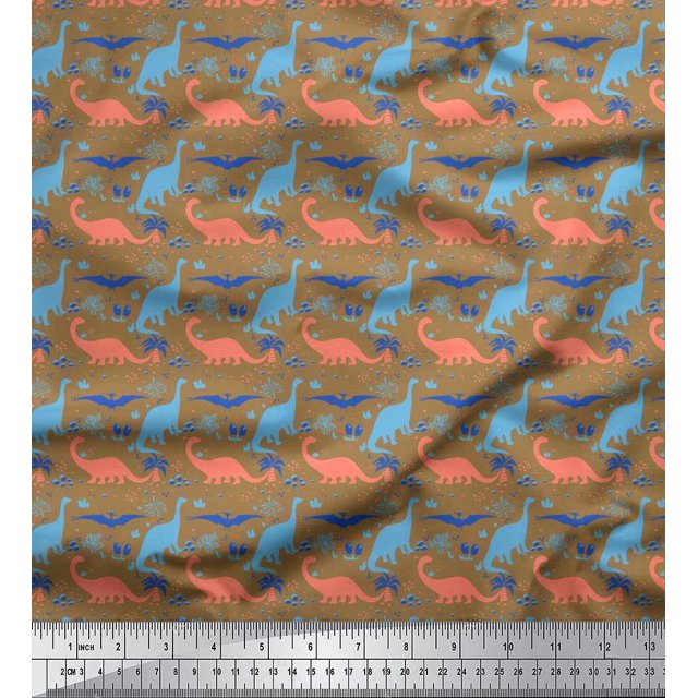 Soimoi Poly Georgette Fabric Tree & Dinosaur Animal Printed Fabric 1 Yard 42 Inch Wide