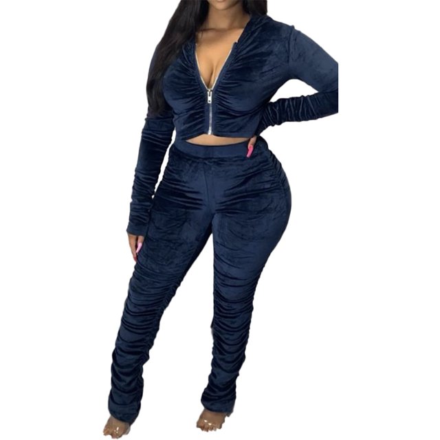 Honganda Slim Pleated Zipper Hooded Top and Pants Two-piece Suit