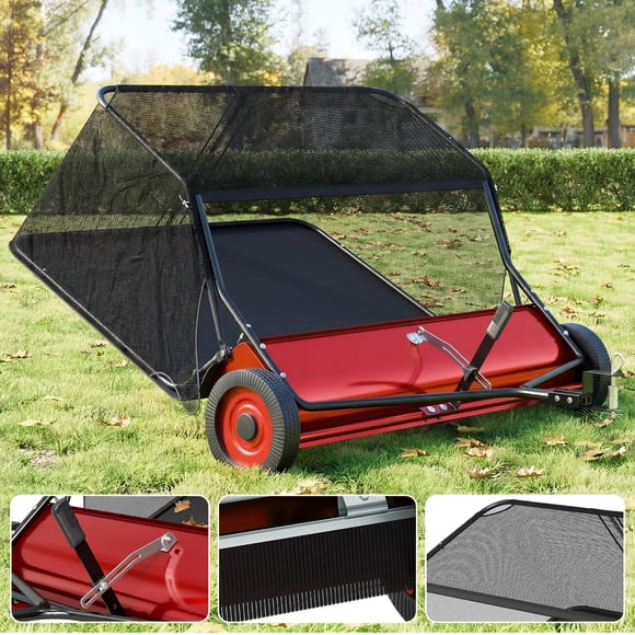 Balayeuse de Pelouse Arrière de 42 Pouces, Collecteur de Feuilles et d'Herbe de 26 Pi3 avec Trémie, Balayeuse de Cour Robuste et Ajustable pour Pelouse et Ferme