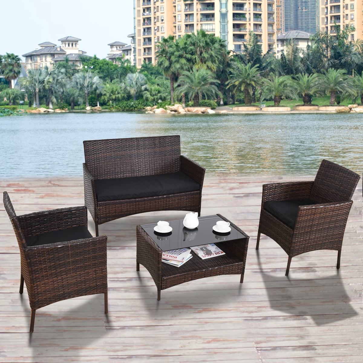 Costway 4pcs Patio Rattan Furniture Set Outdoor  Garden Table Chair Shelf W/ Cushions