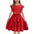 thumbnail image 3 of Milgrthf Robe à Volants pour Filles, Ligne A, Évasée, Ceinturée, Robe Décontractée de Fête, Couleur Unie, avec Ceinture, pour Adolescentes de 6 à 16 Ans, Rouge, 3 of 9