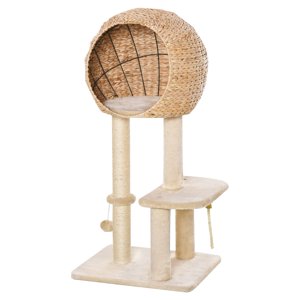 Arbre de chat beige avec poste de craquage & Condo - 39" Grande tour de chat intérieur pour jouer & Plongée - Perches en peluche & Balle suspendue - Conception compacte