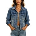 thumbnail image 1 of Timegard Women's Basic Button down Stretch Fitted Long Sleeves Denim Jacket Collared Crop Jean Jackets Fashion,Blue,L, 1 of 9