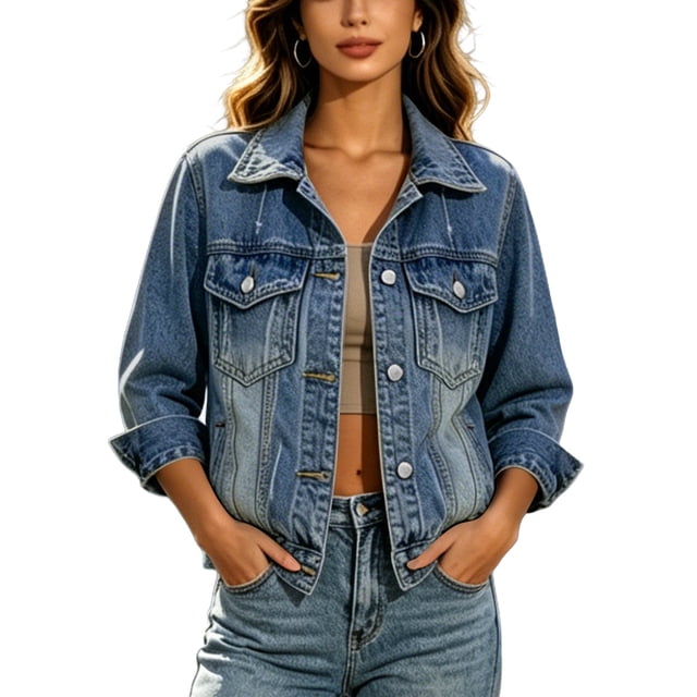 Timegard Women's Basic Button down Stretch Fitted Long Sleeves Denim Jacket Collared Crop Jean Jackets Fashion,Blue,L