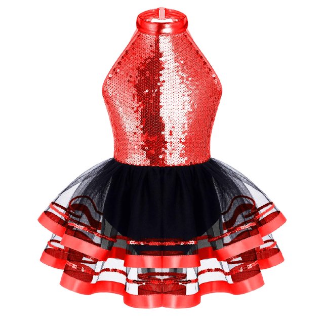 Oyolan Robe Justaucorps de Danse de Ballet Métallisée à Paillettes Scintillantes pour Filles Enfants avec Jupes Tutu en Maille Robes de Performance Rouge 16